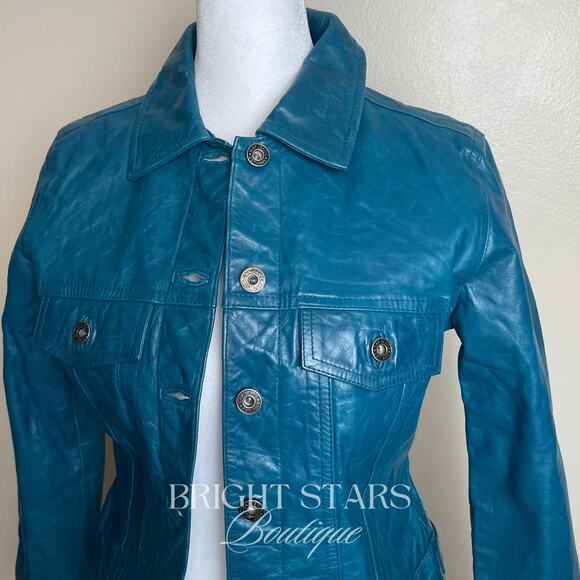 Rare Blue Teal Leather Jacket ASO Dawn Summers Buffy The Vampire Slayer Y2K - Picture 9 of 11